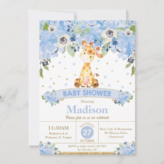 Invitation Cute Giraffe Blue Floral Boy Baby shower (Devant)