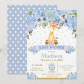 Invitation Cute Giraffe Blue Floral Boy Baby shower (Devant / Derrière)