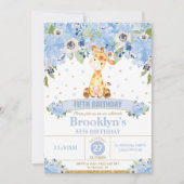 Invitation Cute Giraffe Blue Floral fête d'anniversaire (Devant)