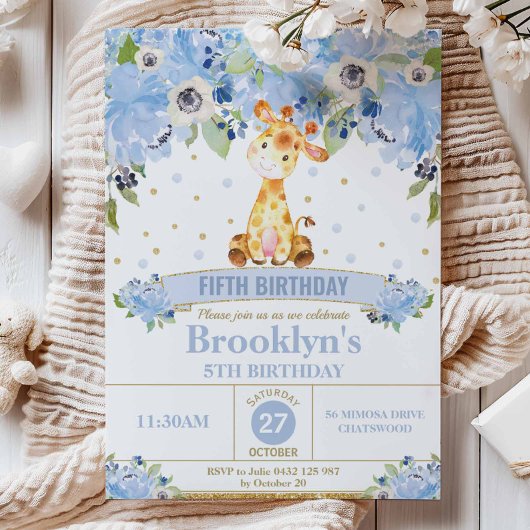 Invitation Cute Giraffe Blue Floral fête d'anniversaire