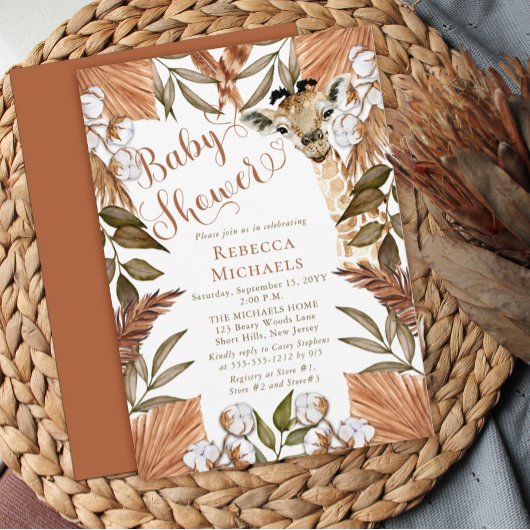 Invitation Cute Giraffe Boho Grasses séchées Baby shower
