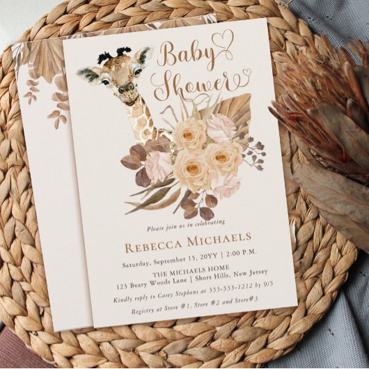 Invitation Cute Giraffe Boho Grasses séchées Baby shower Invi