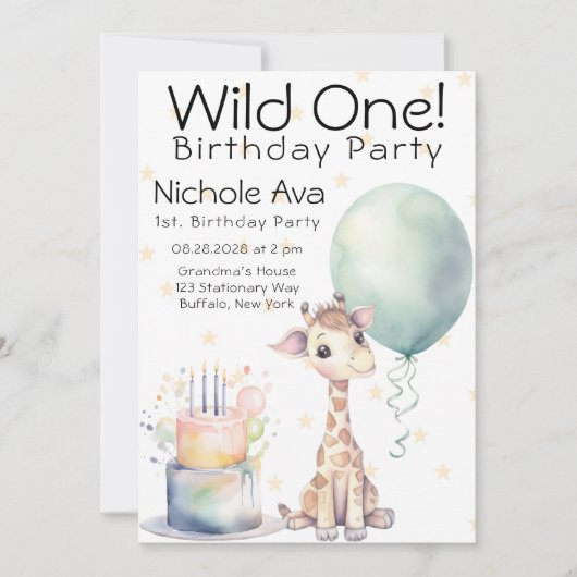 Invitation Cute Giraffe Cake Balloon 1er Anniversaire sauvage (Devant)