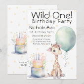 Invitation Cute Giraffe Cake Balloon 1er Anniversaire sauvage (Devant / Derrière)