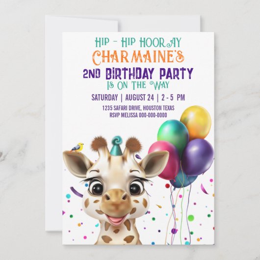 Invitation Cute Giraffe Colorful Confetti Anniversaire de enf (Devant)