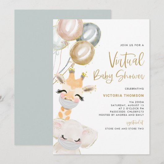 Invitation Cute Giraffe et Elephant Baby shower virtuel (Devant / Derrière)