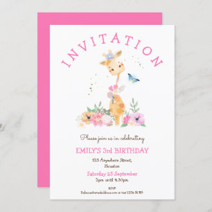 Invitation Cute Giraffe Florals Filles 3ème anniversaire