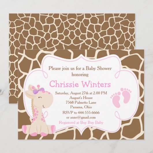 Invitation Cute Giraffe Girl Baby shower rose (Devant / Derrière)