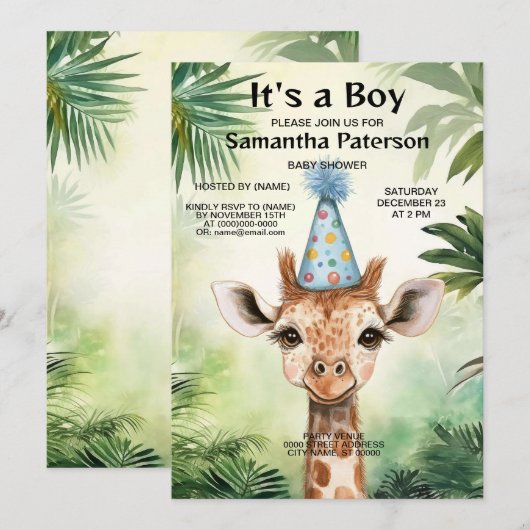 Invitation Cute Giraffe Jungle Baby Shower Party Beautiful (Devant / Derrière)