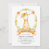 Invitation Cute Giraffe Orange Aquarelle Florale Anniversaire (Devant)