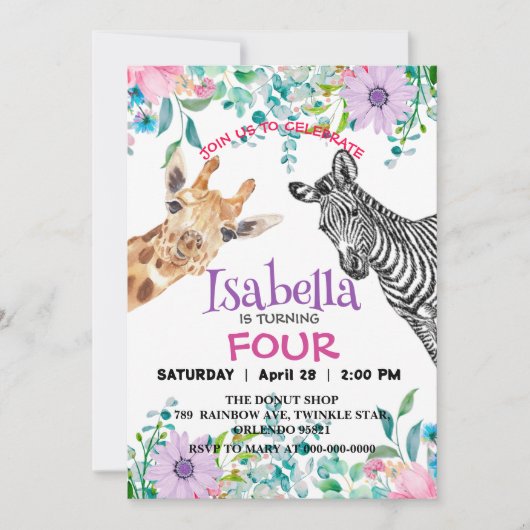 Invitation Cute Giraffe Zebra jungle Animaux Fleur d'annivers (Devant)