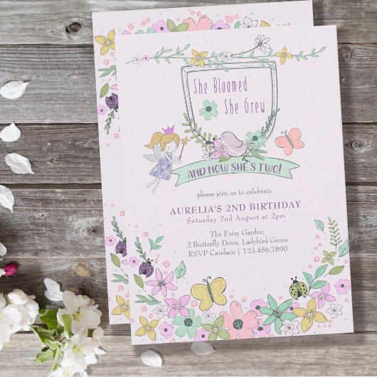 Invitation Cute Girl 2e anniversaire Fairy Flower Garden