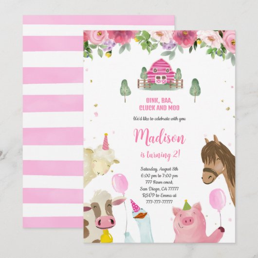 Invitation Cute Girl 2ème anniversaire de ferme (Devant / Derrière)