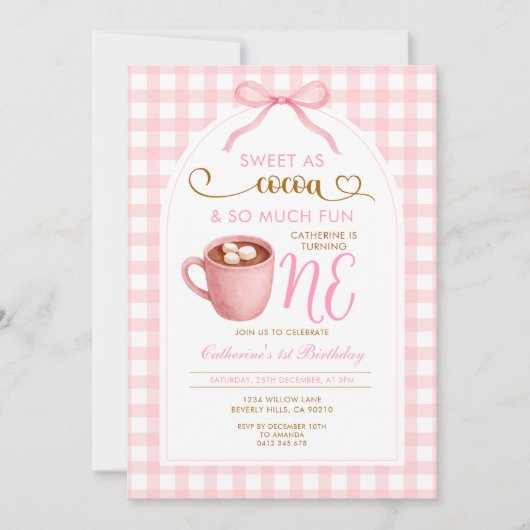 Invitation Cute Girl Bow Hot Cocoa 1st birthday Pink Gingham (Devant)