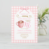 Invitation Cute Girl Bow Hot Cocoa 1st birthday Pink Gingham (Debout devant)