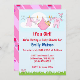 Invitation Cute Girl Clothesline Coeurs Boho Baby shower