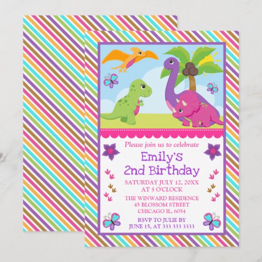 Invitation Cute Girl Dinosaur Amis Anniversaire de enfant (Devant / Derrière)