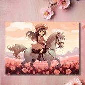 Invitation Cute Girl équitation Cheval et Fleurs roses Annive