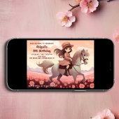 Invitation Cute Girl équitation Cheval et Fleurs roses Annive