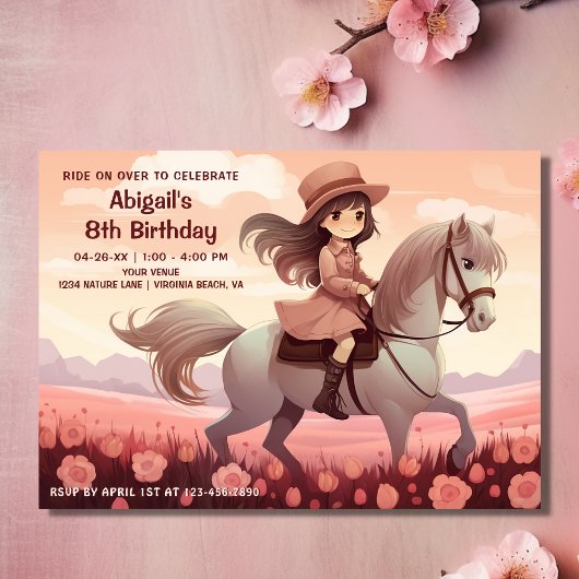 Invitation Cute Girl équitation Cheval et Fleurs roses Annive