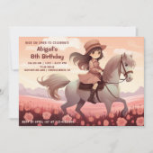 Invitation Cute Girl équitation Cheval et Fleurs roses Annive (Devant)