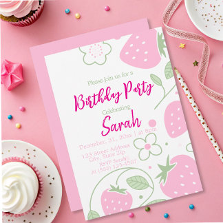 Invitation Cute Girl Fraise rose fête d'anniversaire
