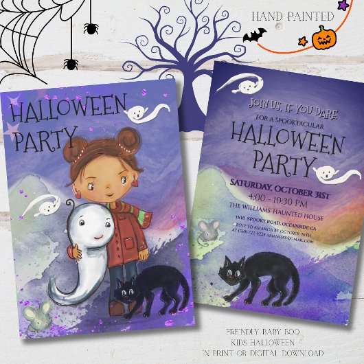 Invitation Cute Girl, Ghost, & Black Cat | Kids Spooktacular