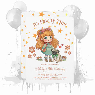 Invitation Cute Girl It's Pawty Time Anniversaire