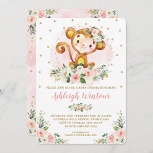 Invitation Cute Girl Monkey Baby Pink Gold Floral Baby shower