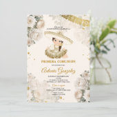 Invitation Cute Girl Or Crème Blanche Fleur Primera Comunión (Debout devant)