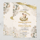 Invitation Cute Girl Or Crème Blanche Fleur Primera Comunión (Devant / Derrière)