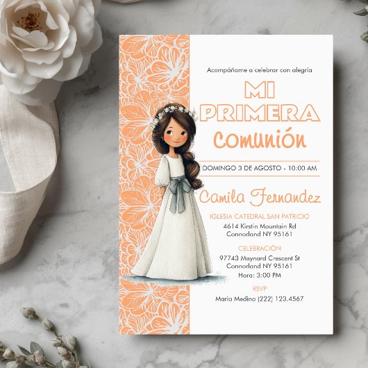 Invitation Cute Girl Peach Background Spanish First Communion