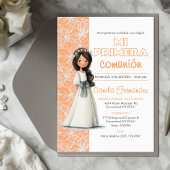 Invitation Cute Girl Peach Background Spanish First Communion