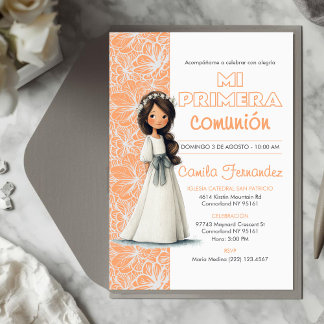 Invitation Cute Girl Peach Background Spanish First Communion