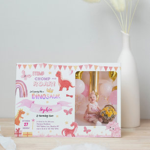 Invitation Cute Girl Pink Dino Dinosaur Anniversaire de enfan