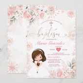 Invitation Cute Girl Pink Rose Gold Floral Snowflake Baptism (Devant / Derrière)