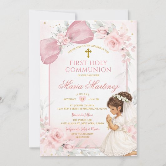 Invitation Cute Girl Praying Pink Bow First Holy Communion (Devant)