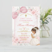 Invitation Cute Girl Praying Pink Bow First Holy Communion (Debout devant)