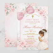 Invitation Cute Girl Praying Pink Bow First Holy Communion (Devant / Derrière)
