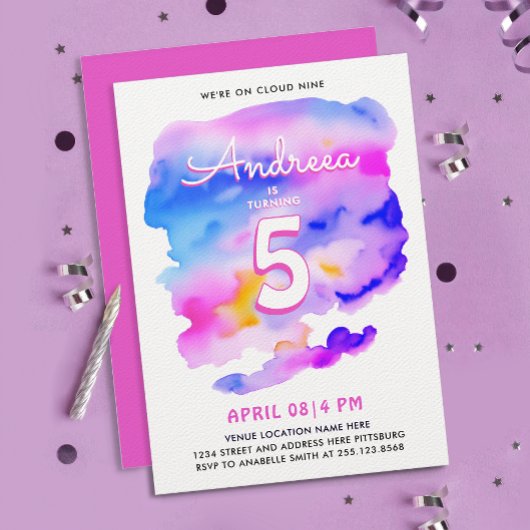 Invitation Cute Girl Rose Purple Cloud Neuf Anniversaire Aqua