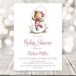 Invitation Cute Girl Teddy Bear Playing Jump Rope Baby Shower