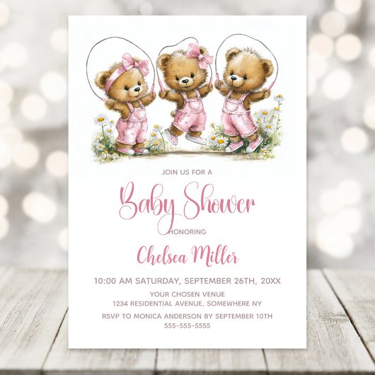 Invitation Cute Girl Teddy Bears Playing Jump Rope