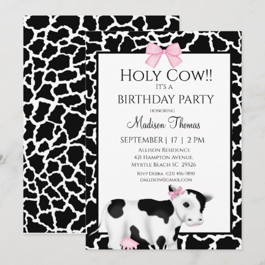 Invitation Cute Girls Cow Imprimer Anniversaire Fête Invitati (Devant / Derrière)