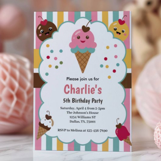 Invitation Cute Girls Ice Cream 5th Birthday Party