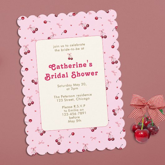 Invitation Cute Girly rose Cerises rouges Coeurs Bows