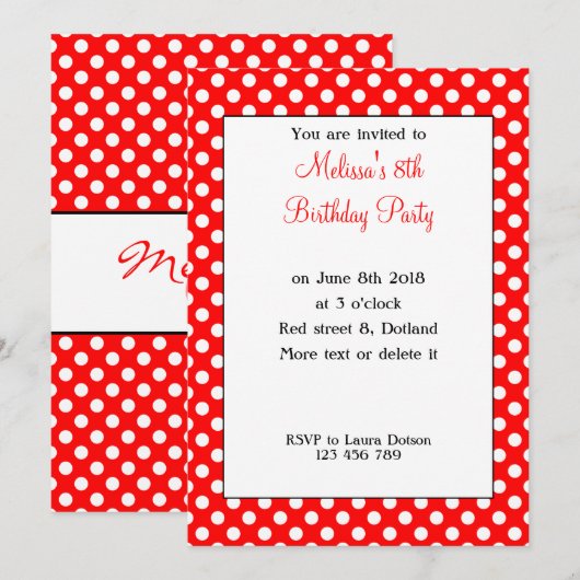 Invitation Cute Girly tendance Rouge Blanc pois Anniversaire (Devant / Derrière)