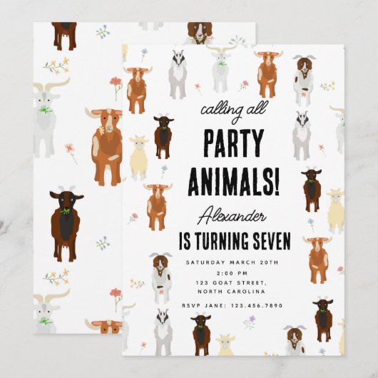 Invitation Cute Goats Farm Party Animals Goat Birthday Theme (Devant / Derrière)