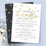 Invitation Cute Gold Twinkle Twinkle Little Star Baby shower<br><div class="desc">Adorable et mignon invitation baby shower caractéristiques des étoiles parsemées le long du sommet et le mot "scintille" en or avec la typographie serif moderne. Le fond de l'invitation est gris charbon avec des étoiles dorées parsemées.</div>