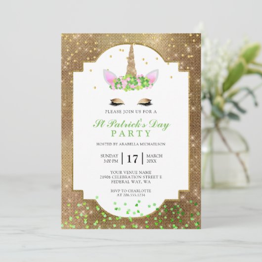 Invitation Cute Gold Unicorn St Patrick's Day Party (Debout devant)