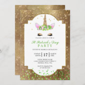 Invitation Cute Gold Unicorn St Patrick's Day Party (Devant / Derrière)